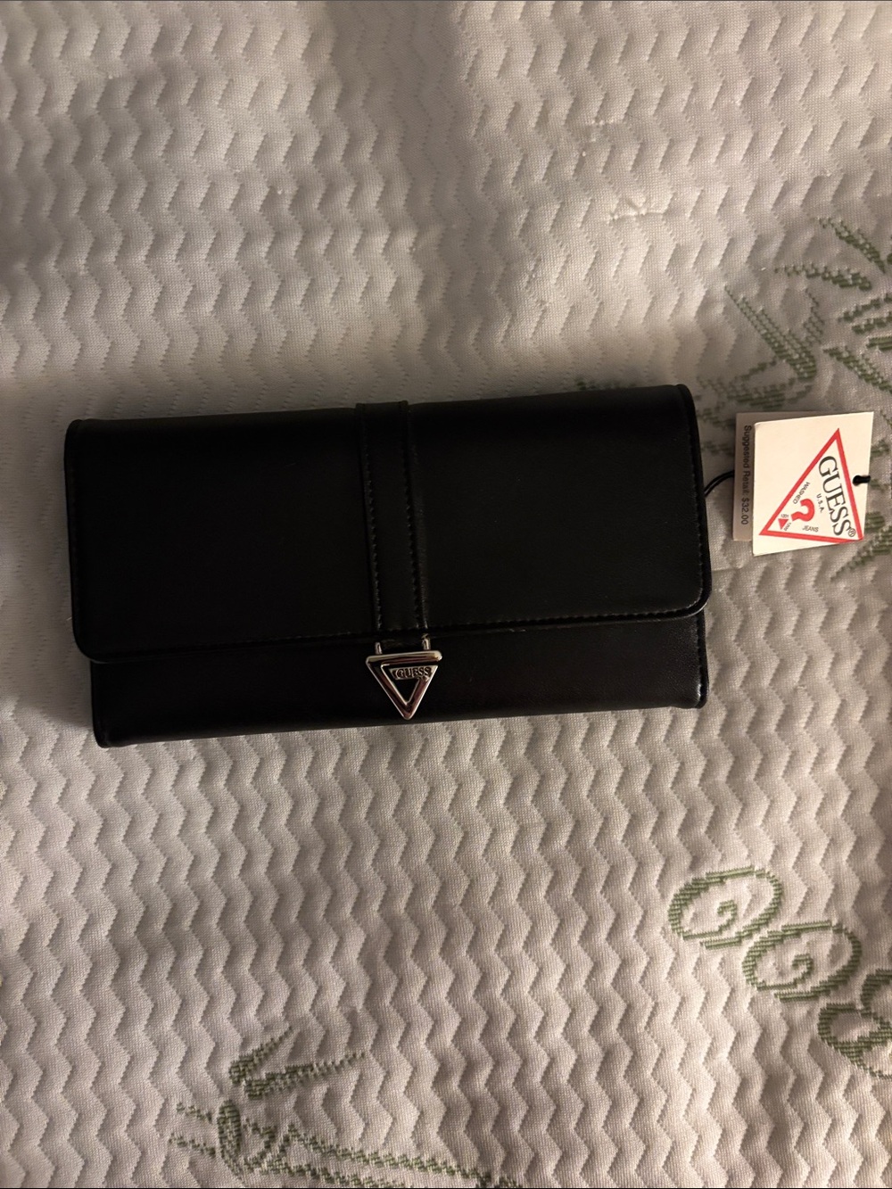 GUESS Black Trifold Wallet with Silver Triangle Logo Accent